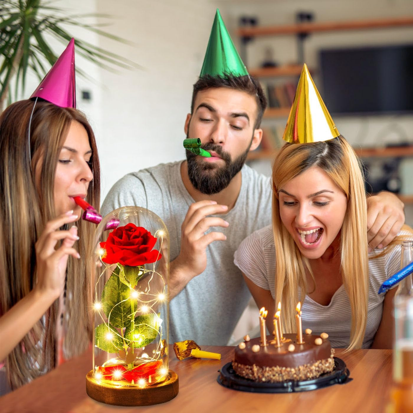Beauty and the Beast Red Rose in Glass Dome with Fairy Light String, Valentine Rose Gift for Her, Gifts for Girlfriend, Mother'S Day Gifts