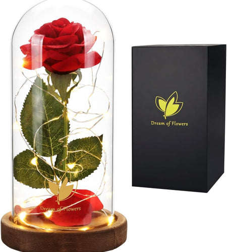 Beauty and the Beast Red Rose in Glass Dome with Fairy Light String, Valentine Rose Gift for Her, Gifts for Girlfriend, Mother'S Day Gifts