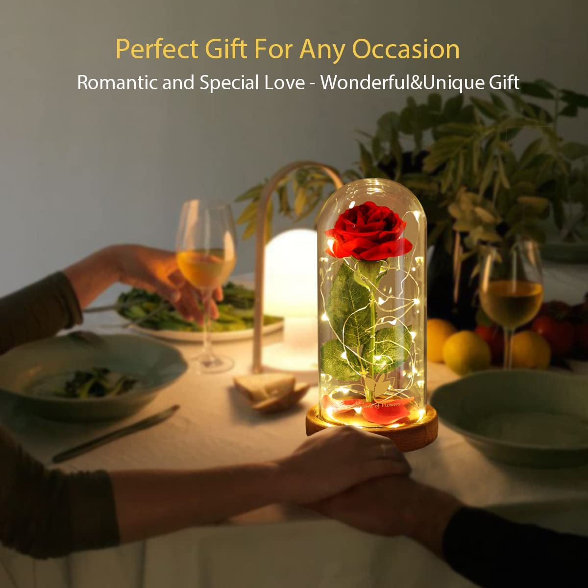 Beauty and the Beast Red Rose in Glass Dome with Fairy Light String, Valentine Rose Gift for Her, Gifts for Girlfriend, Mother'S Day Gifts
