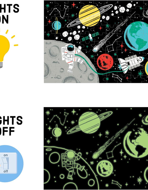 Load image into Gallery viewer, Outer Space Glow-In-The-Dark Puzzle, 100 Pieces, 18”X12”, Made for Kids Age 5+, Illustrations of Planets, Stars, Spaceships and More, Award-Winning Glow in the Dark Puzzle
