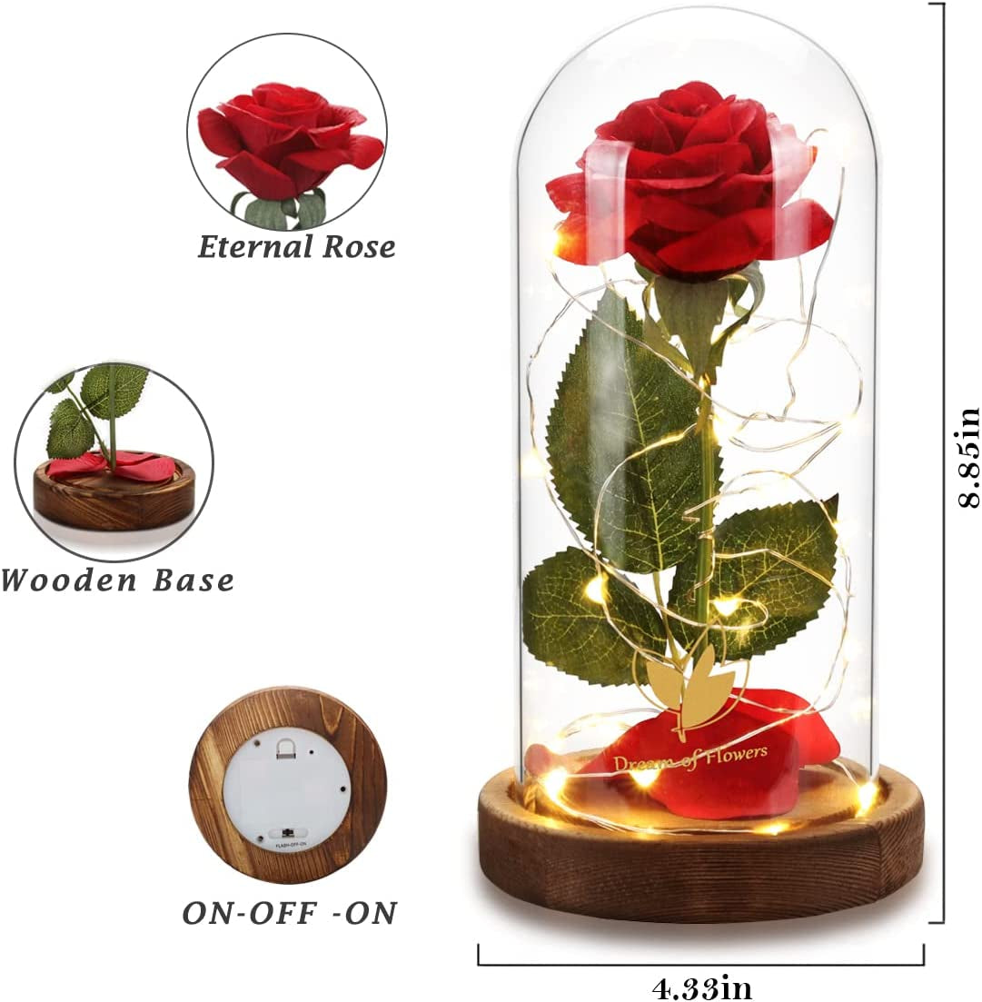 Beauty and the Beast Red Rose in Glass Dome with Fairy Light String, Valentine Rose Gift for Her, Gifts for Girlfriend, Mother'S Day Gifts