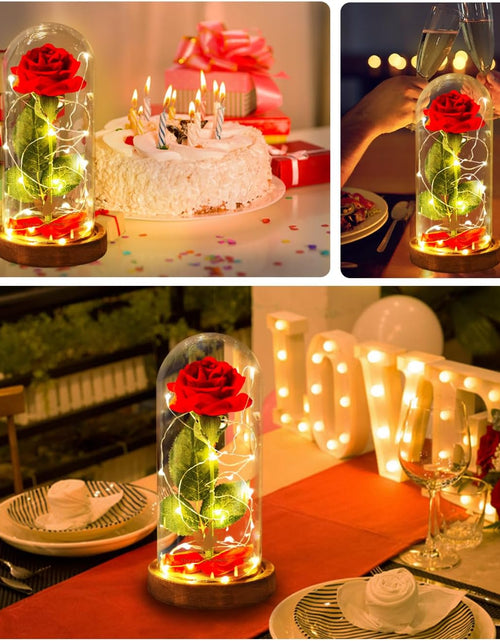 Load image into Gallery viewer, Beauty and the Beast Red Rose in Glass Dome with Fairy Light String, Valentine Rose Gift for Her, Gifts for Girlfriend, Mother'S Day Gifts
