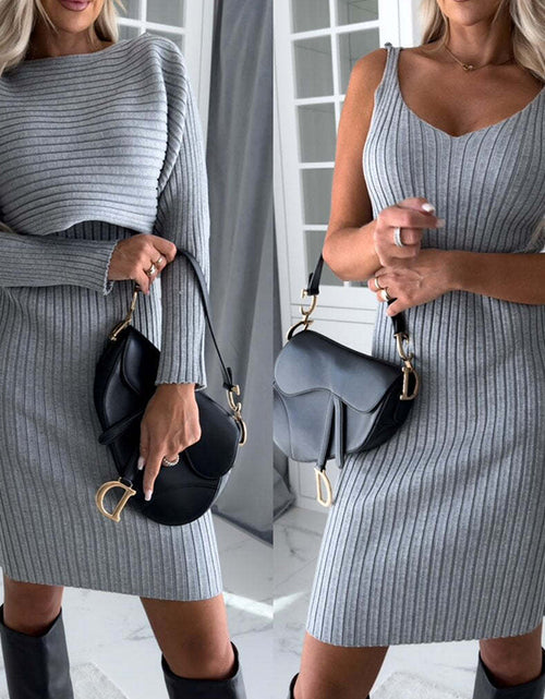 Load image into Gallery viewer, 2Pcs Suit Women'S Solid Stripe Long-Sleeved Top and Tight Suspender Skirt Fashion Autumn Winter Slim Clothing
