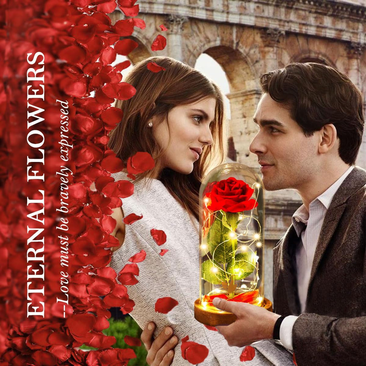 Beauty and the Beast Red Rose in Glass Dome with Fairy Light String, Valentine Rose Gift for Her, Gifts for Girlfriend, Mother'S Day Gifts