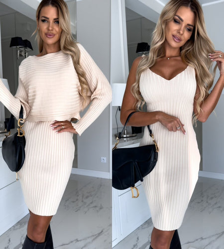 2Pcs Suit Women'S Solid Stripe Long-Sleeved Top and Tight Suspender Skirt Fashion Autumn Winter Slim Clothing